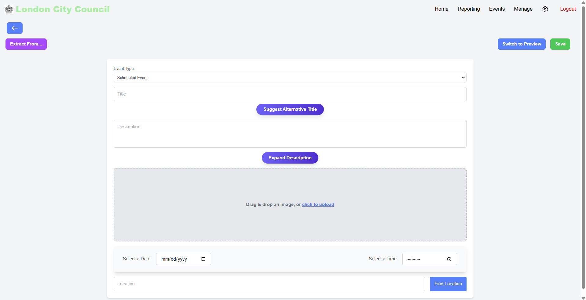 Empty Scheduled Event Form