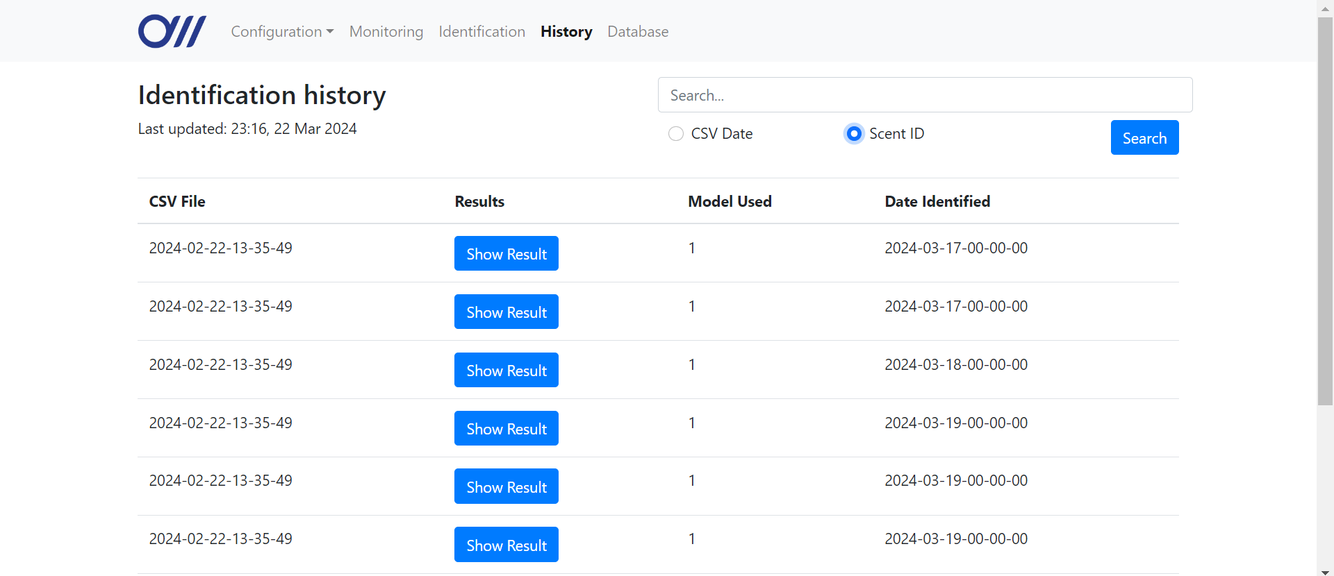 Identification history page