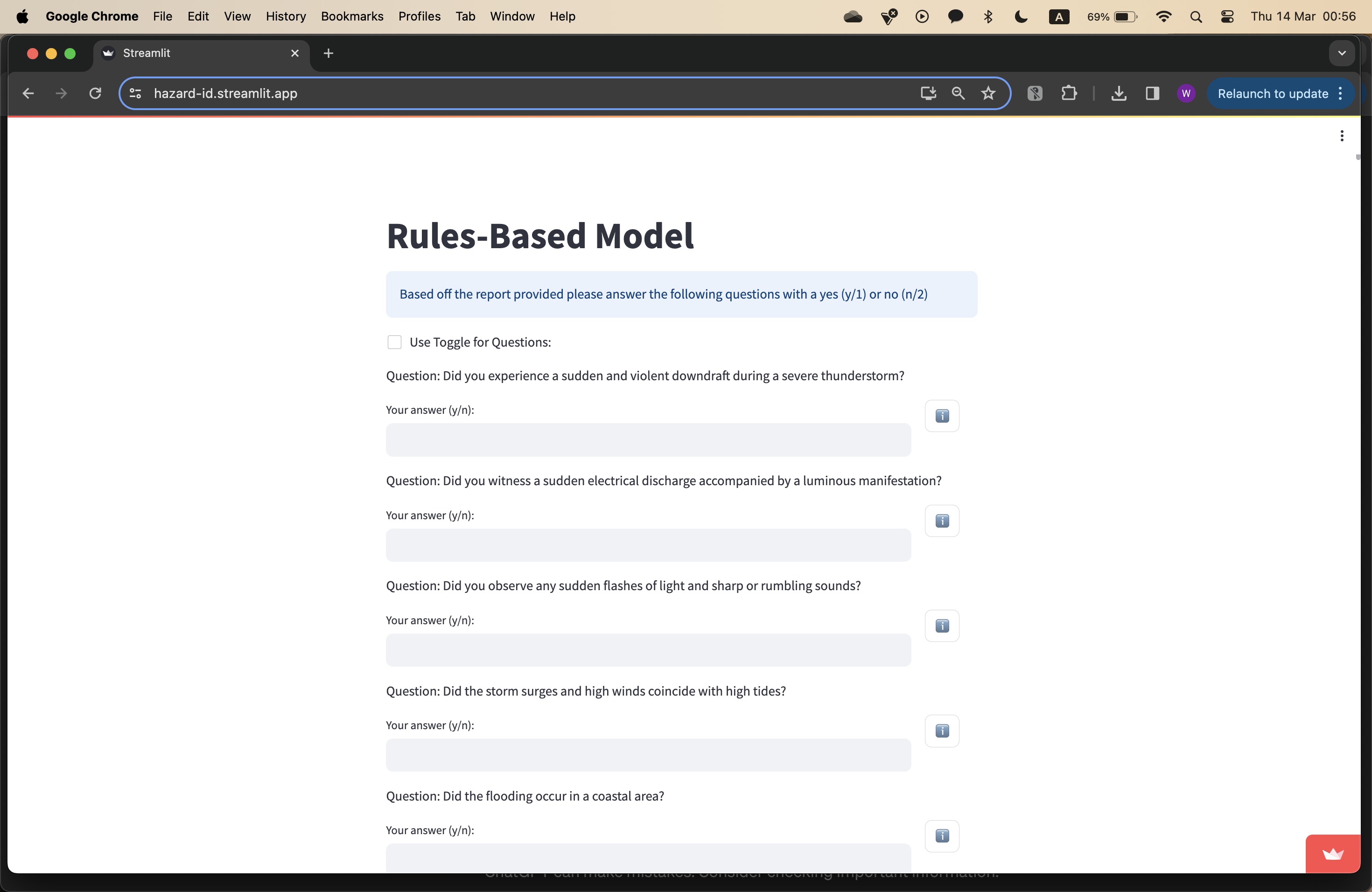 Figure 2.3a: The question answering page in the final product. Note the questionnaire style approach.