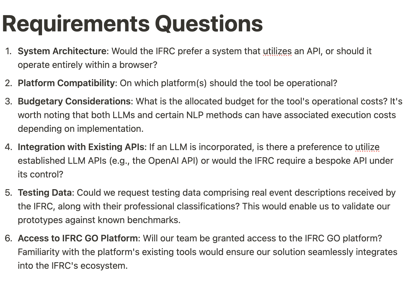 Figure 2: A set of technical questions that were sent to the IFRC mentor to gain his clarifications on.