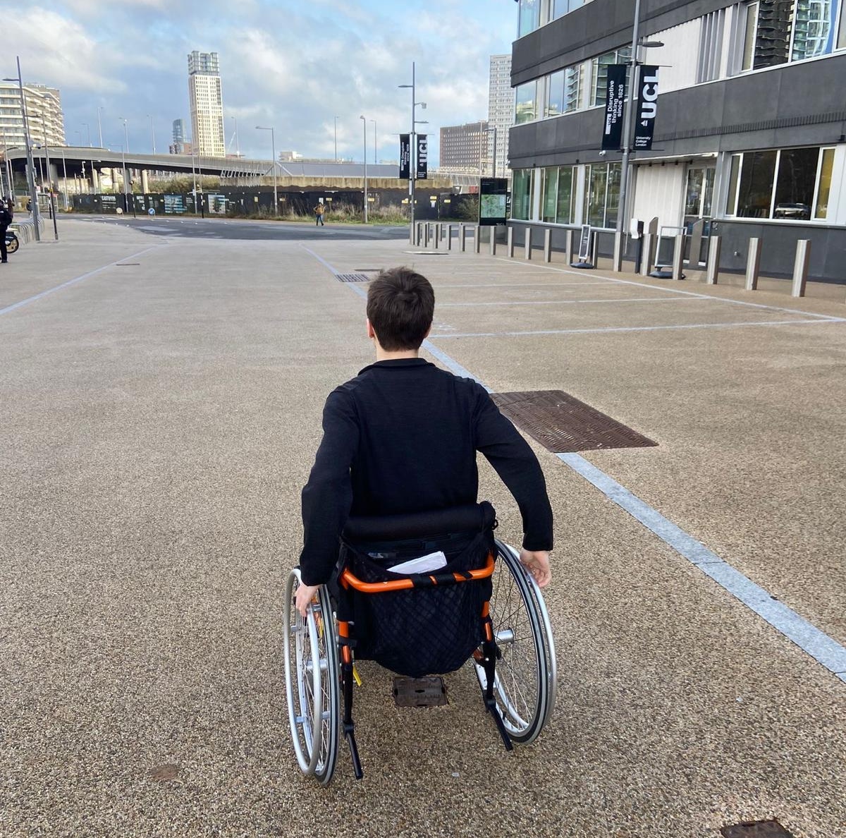 Kostas using the wheelchair from GDIHub