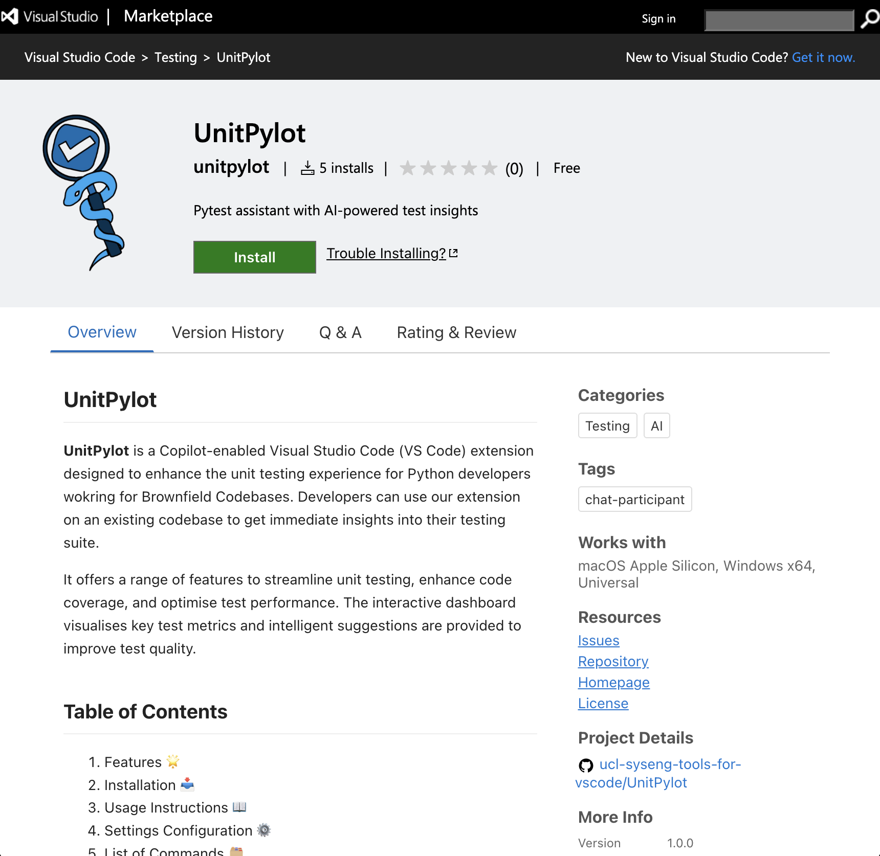 Download UnitPylot from Marketplace