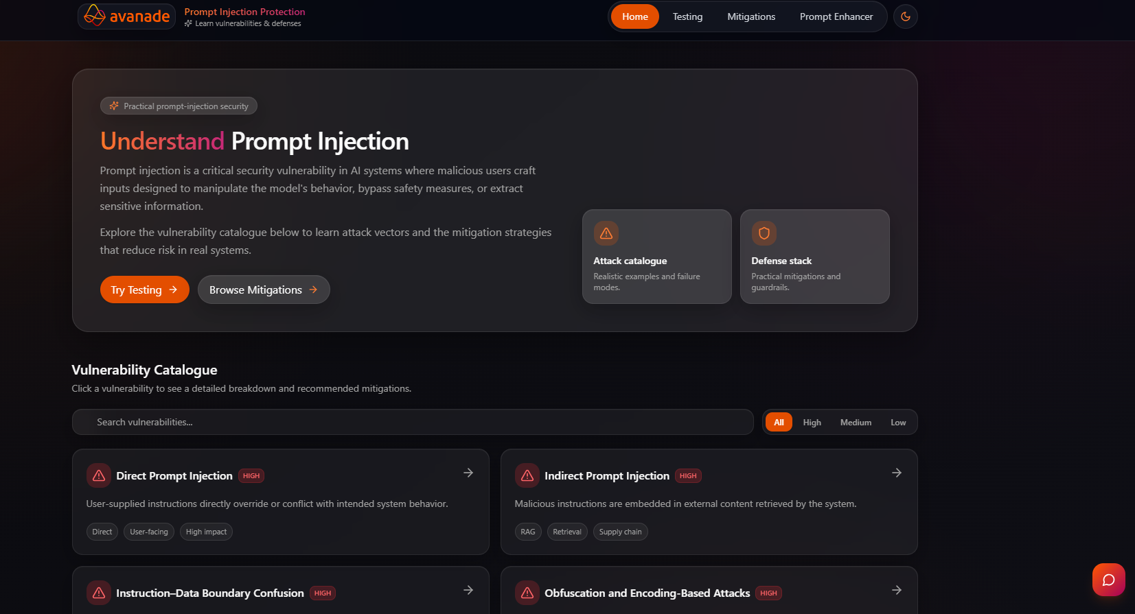 Home page in dark mode