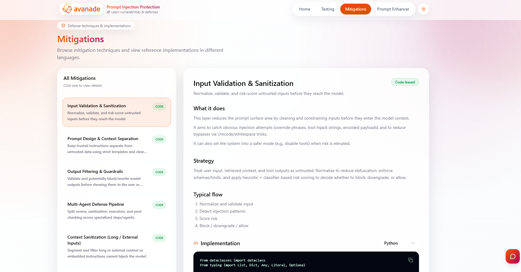 Mitigations page in normal mode