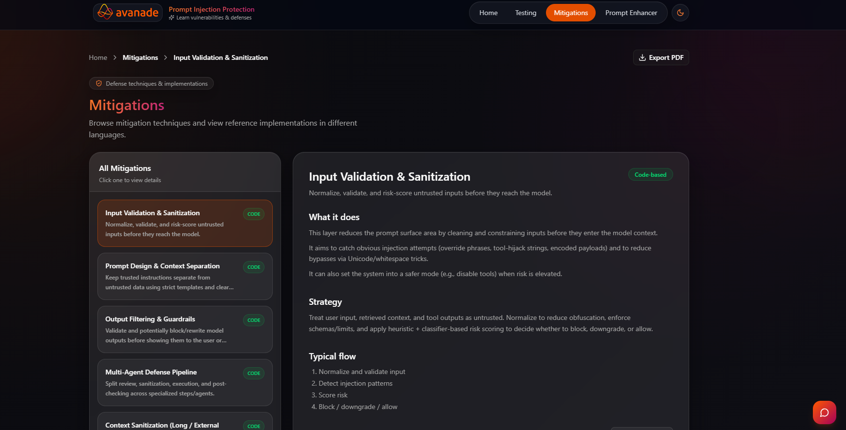 Mitigations page in dark mode