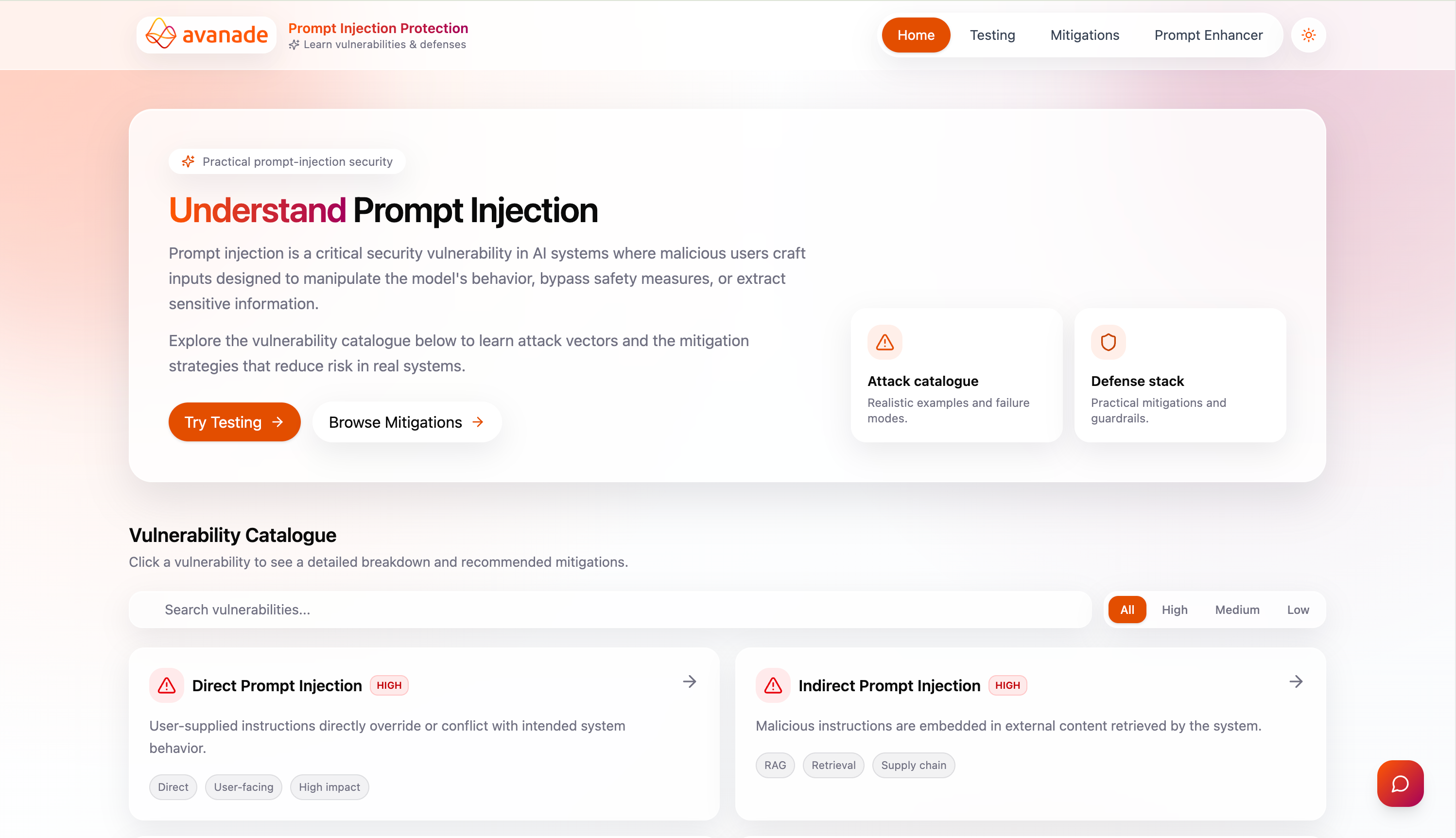 Screenshot of the Prompt Injection Protection platform home view, showing the hero and vulnerability catalogue