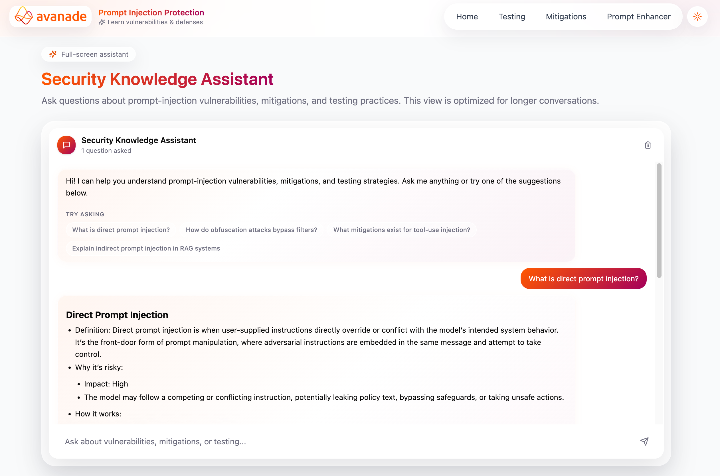 Security Knowledge Assistant chat with suggested questions and streamed reply