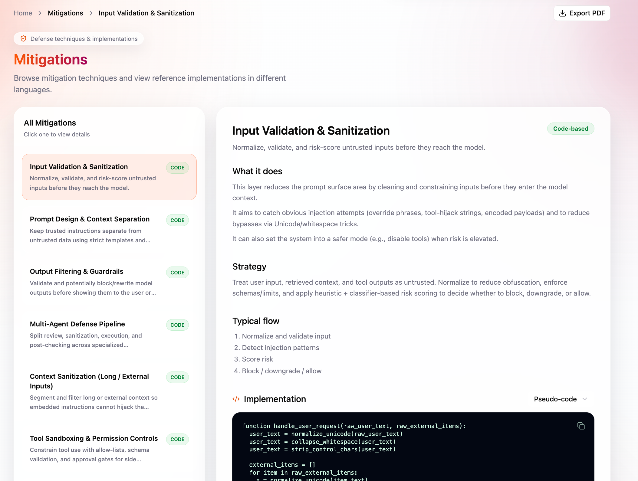 Mitigations list and detail panel with strategy and code snippets