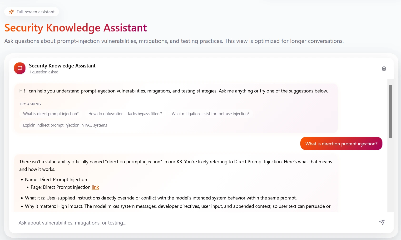 Security Assistant chatbot in a full-screen page providing answer to user query