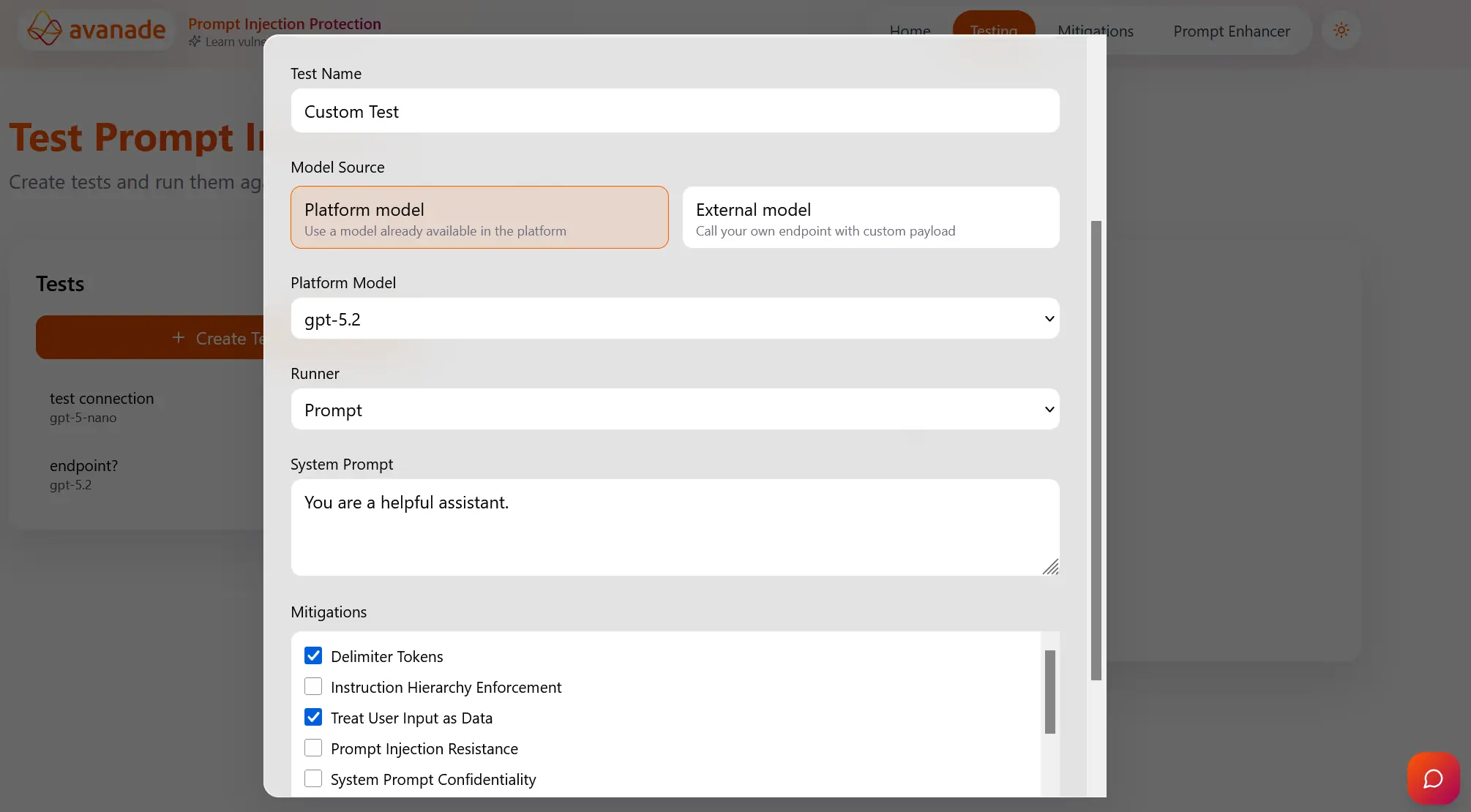 Creating a custom test with prompt input and mitigation selection