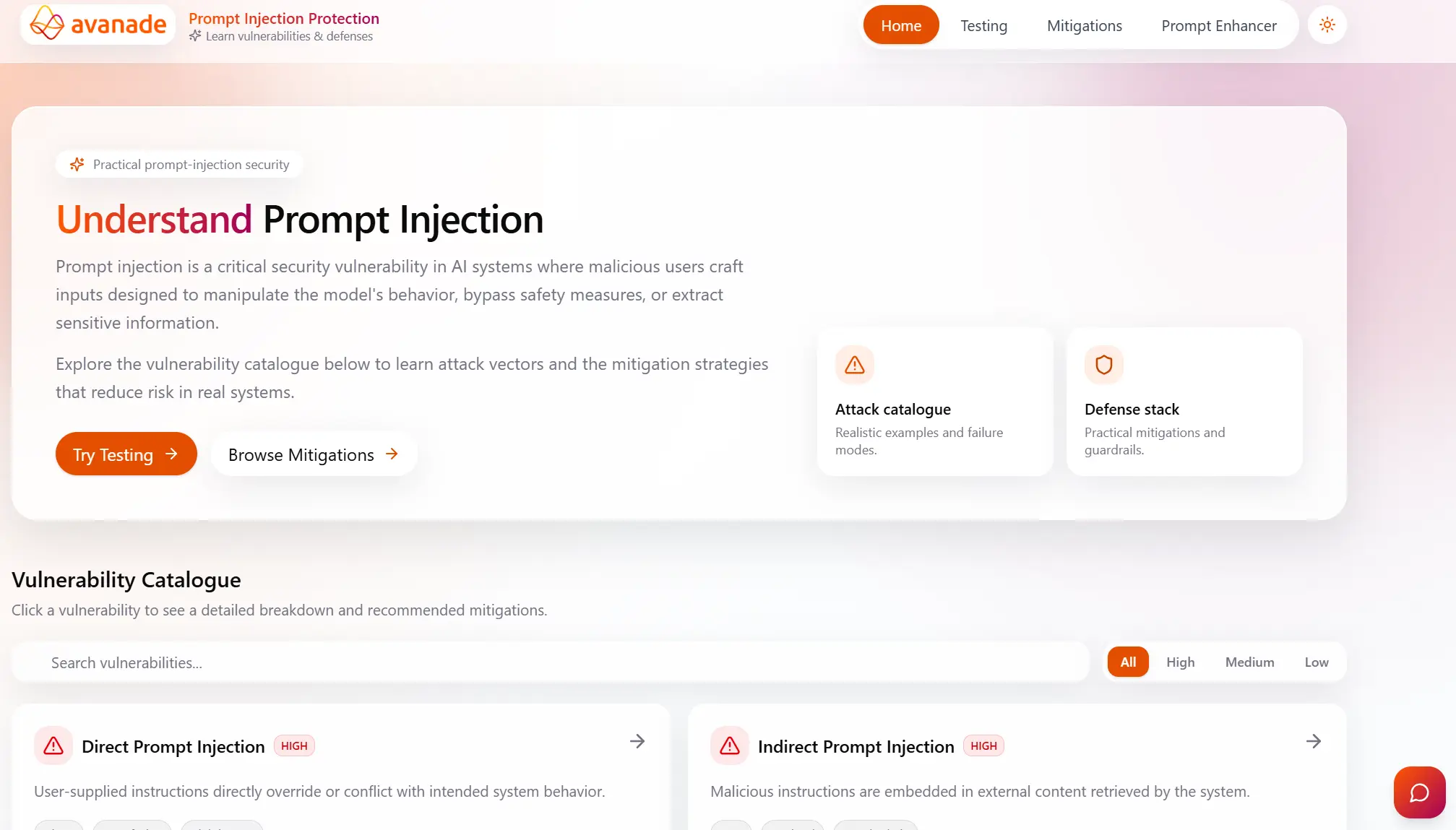 Home page for the Prompt Injection Protection platform